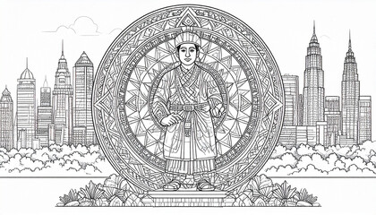 Majestic King in Intricate Mandala Design before Kuala Lumpur Skyline A stunning illustration