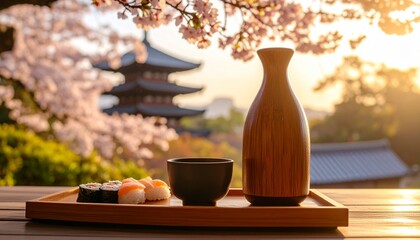 A beautifully styled Japanese meal setting, suitable for Asian cuisine, culture, or restaurant themes.