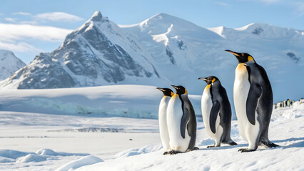 Fototapeta premium Royal King Penguins in Antarctic Snow with Majestic Mountains - Polar Wildlife & Winter Landscape