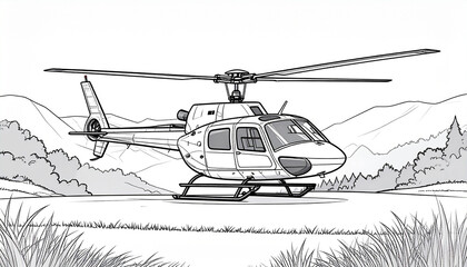 Helicopter Landing in Mountainous Landscape A Black and White Illustration of a Helicopter