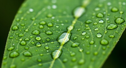 Close-up of Dew Drops on a Vibrant Green Leaf