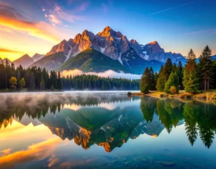 Printed kitchen splashbacks Picturesque mountain range reflected on calm lake at dawn. The sky is painted with vibrant colors as the sun rises over the peaks