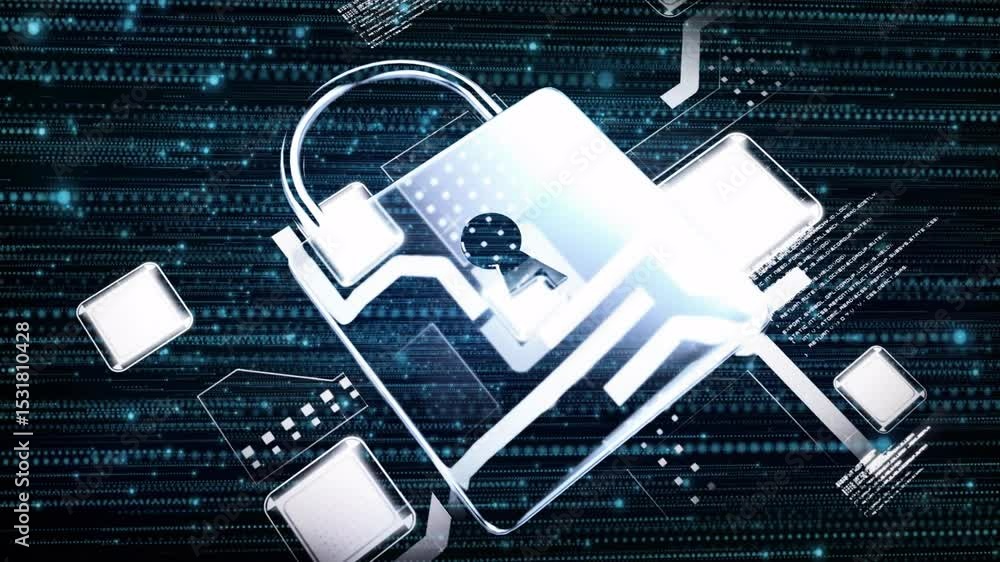 Poster scrolling code starting central square morphing into glowing padlock symbolizing digital security