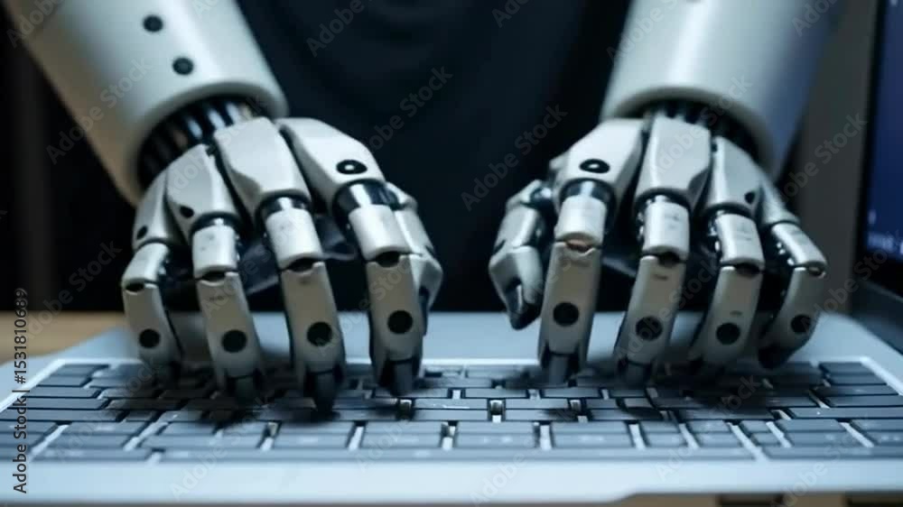 Poster a close-up of a robotic hand typing on a laptop keyboard, highlighting advanced technology and robot