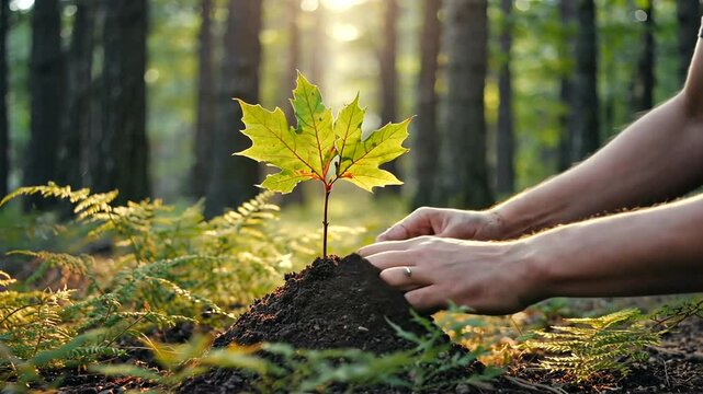 A person planting a young maple tree in a lush forest, with sunlight filtering through the trees