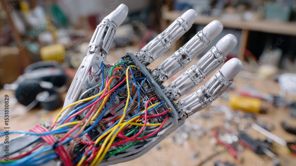 Poster colorful wires on robotic hand with mechanical fingers in workshop setting showing technology and in