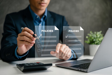 Businessman Reviewing Digital Policies on Virtual Screen Online Policy Management, Compliance...