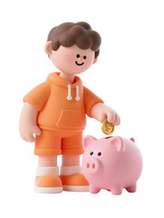 3D cartoon boy in orange outfit putting coin into pink piggy bank, concept of saving money, isolated on white background