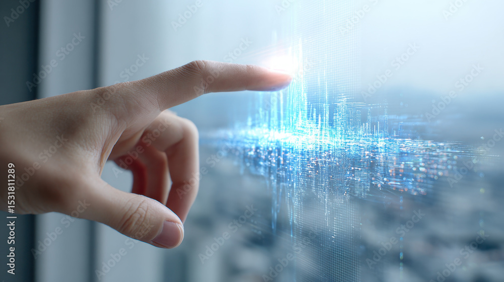 Poster hand is interacting with glowing digital interface, swiping through futuristic data projections with