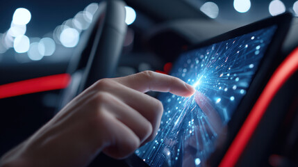 Fototapeta premium Touchscreen technology in car dashboard with hand interacting, futuristic digital interface glowing with blue light and bokeh