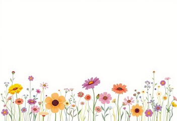 Delicate hand-drawn floral meadow border, continuous line art style, whimsical wildflowers, nature, element