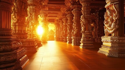 Golden Light Through Temple Columns at Sunrise in Ancient Hall