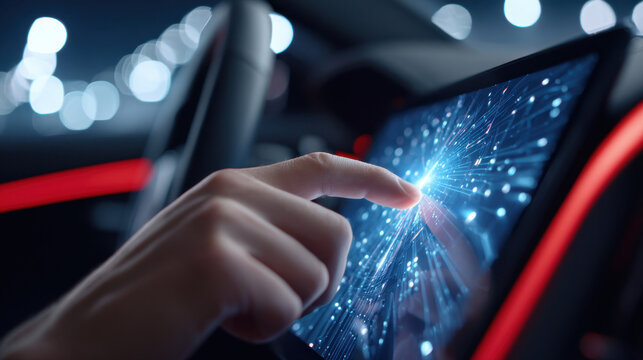 Touchscreen technology in car dashboard with hand interacting, futuristic digital interface glowing with blue light and bokeh