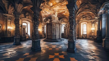 Intricate Architecture of Historical Room with Decorative Columns