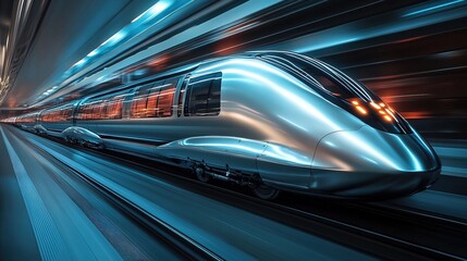 Fototapeta premium A high-speed train made of liquid metal, bending and reshaping as it moves