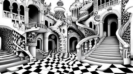 Intricate Black and White Surreal Architectural Design with Stairs