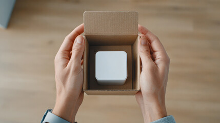 Unboxing new small white electronic gadget in cardboard box held by hands with watch on wooden floor background