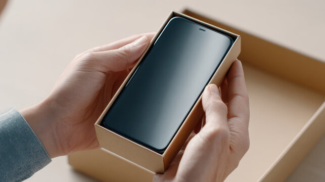 New smartphone unboxing with hands holding black phone in cardboard box, excitement and anticipation at home