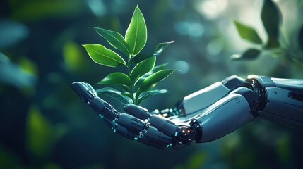 A robotic hand holding a flourishing green plant, symbolizing the partnership between technology and sustainable growth,