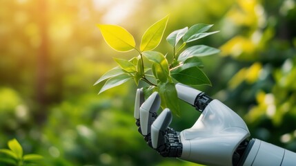 A robotic hand holding a flourishing green plant, symbolizing the partnership between technology and sustainable growth,