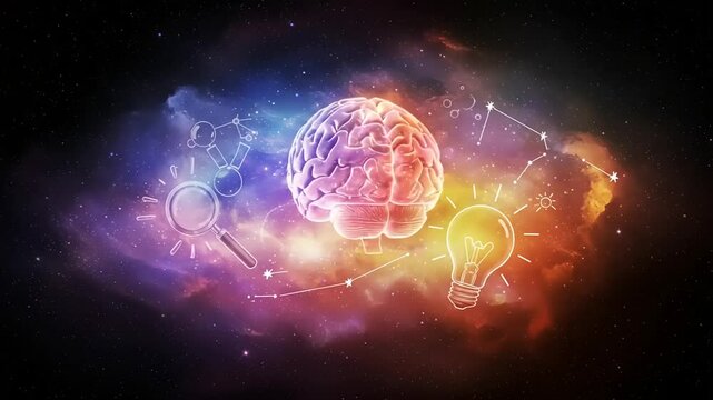 Brain, Lightbulb, and Magnifying Glass in Space