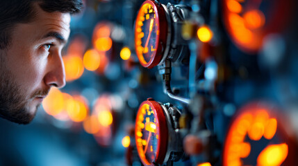 Man intensely observing an array of glowing industrial dials and indicators, signifying precision, technology, and focus in mechanical engineering or process control.