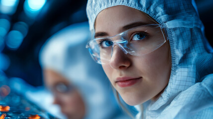 A young professional scientist wearing protective glasses and a cleanroom suit works in a laboratory setting, demonstrating focus and dedication.