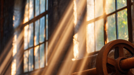 Warm sunlight illuminates a vintage industrial scene, casting rays onto rusty machinery surrounded by dusty, large windows, creating an atmosphere of nostalgia and serene decay.