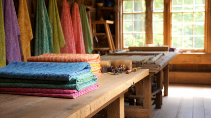Vivid folded fabrics in an artistic pattern are displayed in a traditional artisan crafting studio, illuminated by natural light streaming through vintage windows.