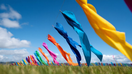 A collection of vibrant colored fabric streamers billows gracefully in the breeze, set against a clear blue sky and an expansive scenic field.