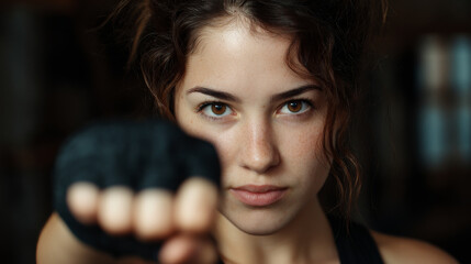 Confident young woman wearing fitness gloves, clenched fist aimed forward, expressing determination and strength. The backdrop is blurry, emphasizing her intense gaze and focused expression.