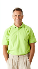 The image features a middle-aged man dressed in a green polo shirt and beige khaki pants. The background is entirely white, providing ample blank space ideal for designs or overlays.