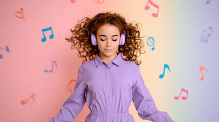 A joyful young woman listens to music through purple headphones, surrounded by colorful musical notes on a subtle pastel background, representing relaxation, creativity, and a love for music.