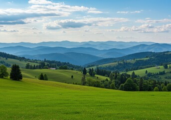 Obraz premium Rolling green hills and mountains under a bright summer sky