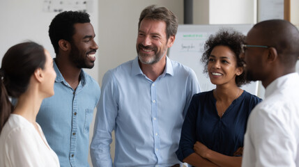 Diverse group of professionals sharing a moment of friendly interaction in a bright workspace. The team demonstrates a welcoming atmosphere, collaborating harmoniously in inclusive office environment