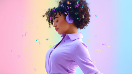 A young woman listens to music on headphones, surrounded by a colorful, energetic backdrop with musical note visuals symbolizing joy and creativity.