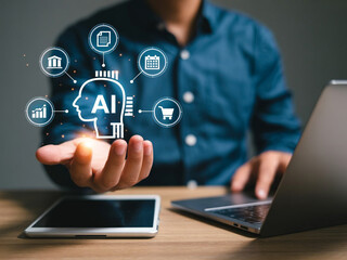 AI Business Technology Innovation Digital Intelligence and Data Integration Concept in Hand with Icons