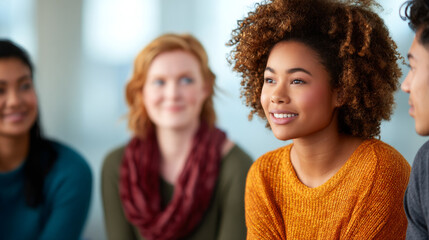 Group discussion featuring smiling young woman in yellow sweater with her colleagues sitting in a bright and modern meeting space, highlighting diversity and positive interaction