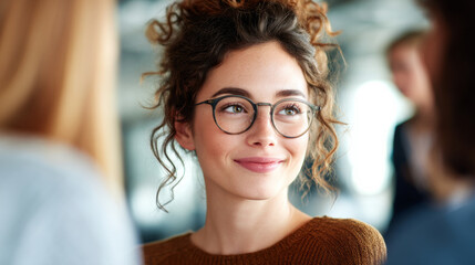 A cheerful young woman with curly hair and glasses, engaging, smiling, in a coworking space with blurred colleagues in the background, creating a friendly and collaborative atmosphere.