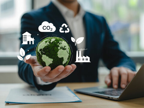 Sustainable Business and Green Technology Concept with Eco Earth, CO2 Reduction, and Renewable Symbols