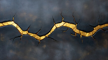 An artistic composition with golden cracks on a dark textured surface, symbolizing strength, repair, and beauty in imperfections, providing a striking visual expression of creativity and emotion.