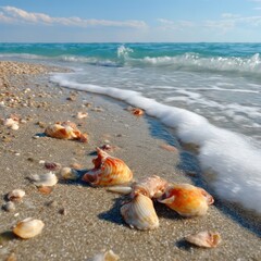 A peaceful beach scene with seashells scattered along the sand and gentle waves rolling in.