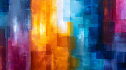 Abstract multi-colored geometric artwork showcasing vibrant shades of orange, blue, and purple with subtle gradients and rectangular patterns