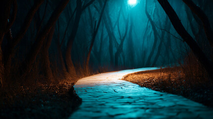 A serene forest scene featuring a curving stone pathway, dramatic moonlight, and atmospheric shadows. The contrast between blue and warm lighting creates an ethereal and mysterious mood.
