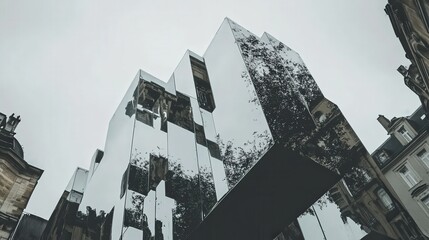 Modern architectural structure with mirrored surfaces reflecting sky