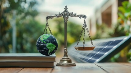 A scale of justice balancing a green Earth and a sustainable business, with law books and solar panels