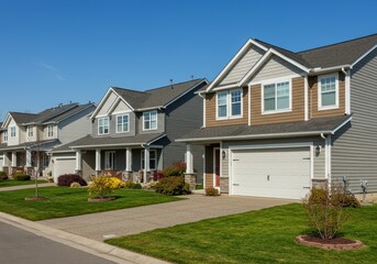A row of new houses with gray and brown siding sits on a sunny street