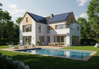A modern twostory house with solar panels sits on a lush green lawn beside a swimming pool