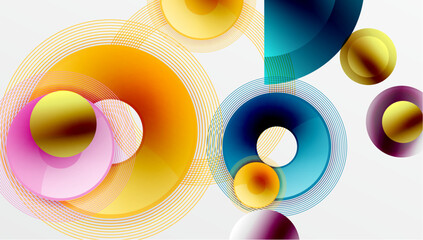 Abstract composition featuring colorful overlapping circles, lines. Modern design, vibrant hues create dynamic visual experience.