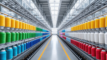 Textile factory with rows of colorful yarn spools in automated weaving production line under bright industrial lighting